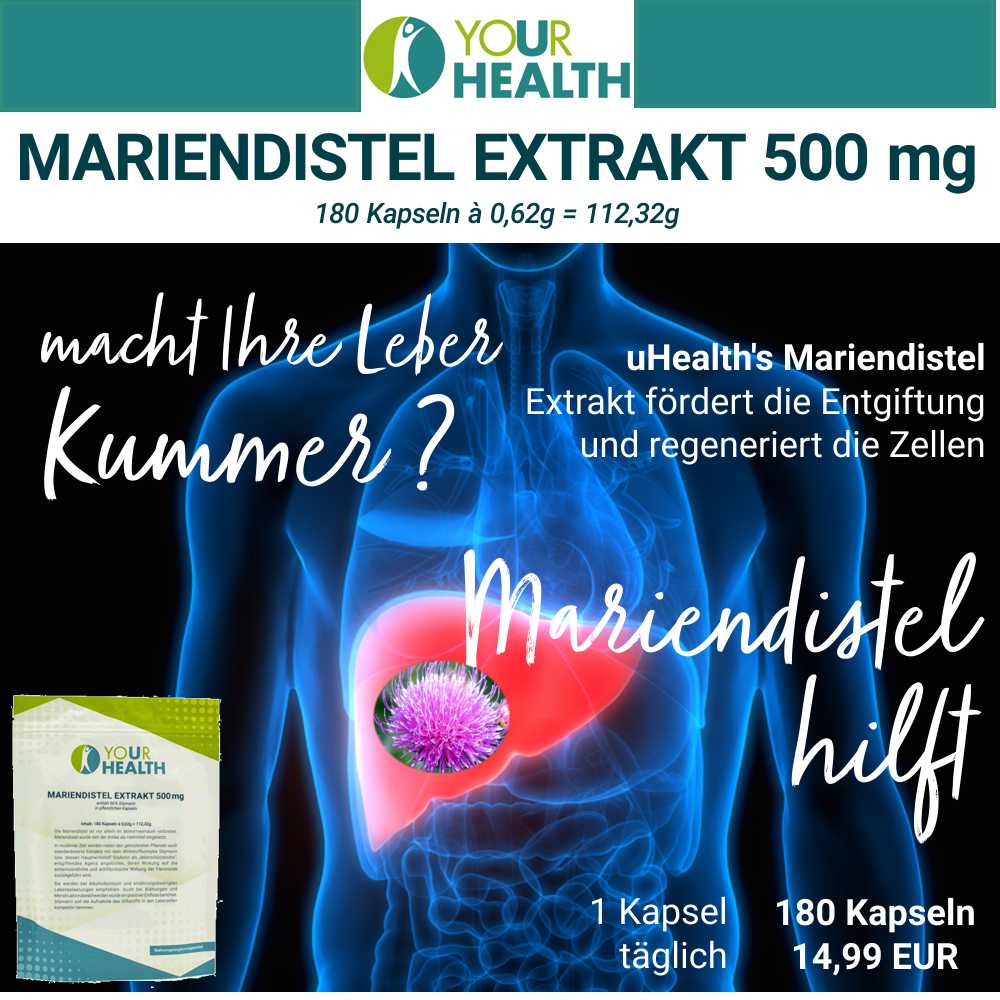 uHealth MARIENDISTEL EXTRAKT 500 mg Kapseln. Fördert die Entgiftung und regeneriert die Zellen. 180 Kapseln für nur 14,99 €