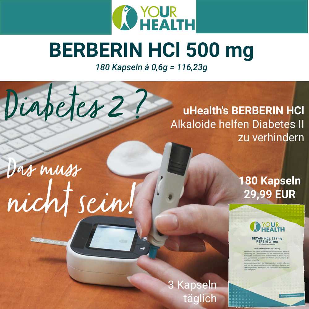 uHealth BERBERIN HCl 500mg Kapseln. Alkaloide helfen Diabetes II zu verhindern. 180 Kapseln für nur 29,99 €