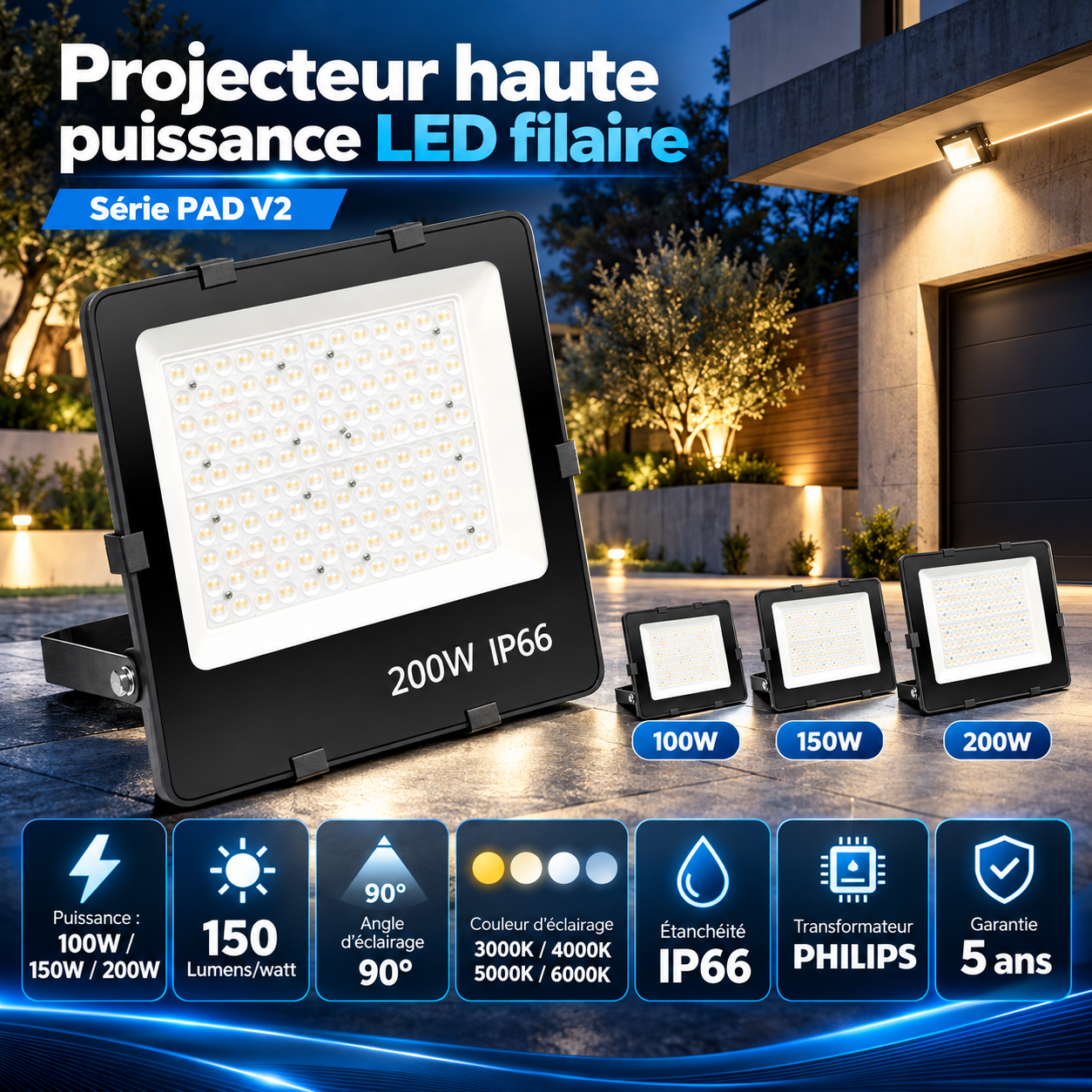 Projecteur LED filaire Série PAD V2