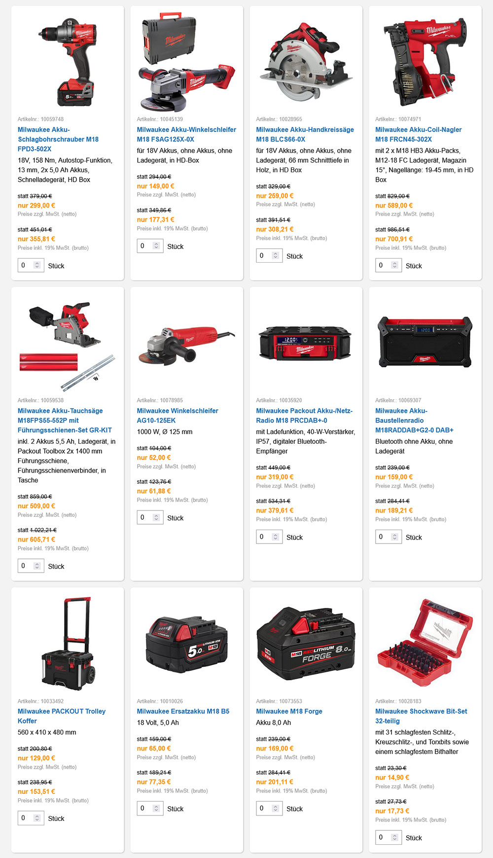 Milwaukee Angebot Übersicht