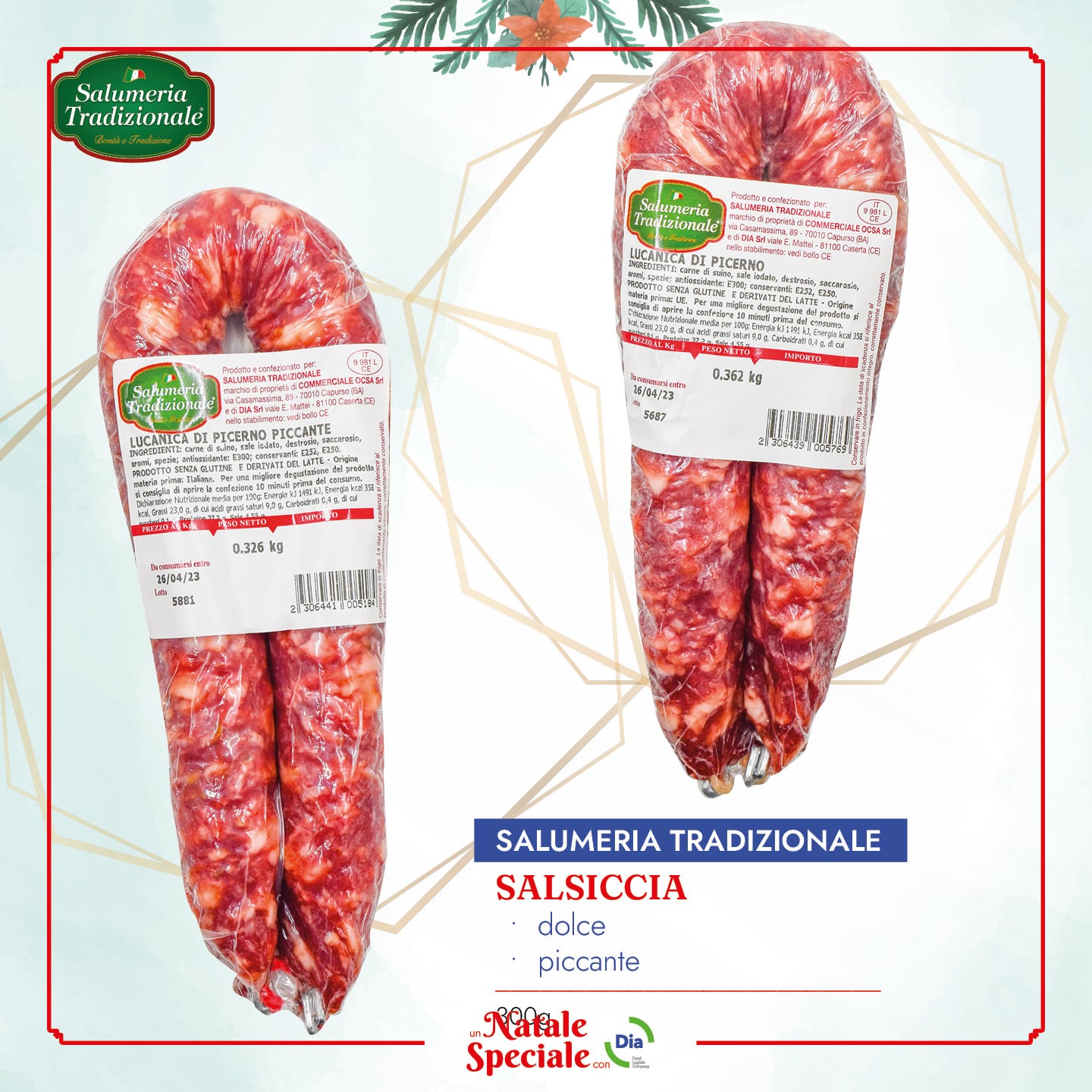 Salsiccia dolce e piccante Salumeria Tradizionale Natale 2022