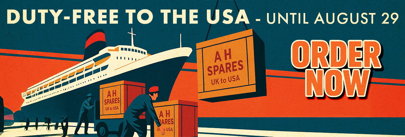 Vintage-style illustration of a 1960s ocean liner loading crates marked “A H Spares – UK to USA,” with bold text reading “Duty-Free to the USA – Until August 29” and a red “Order Now” label.