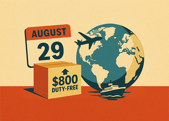 Vintage-style flat illustration showing cargo boxes marked for the USA being loaded onto a ship, symbolizing the $800 duty-free import threshold for US buyers before the August 29, 2025 change.