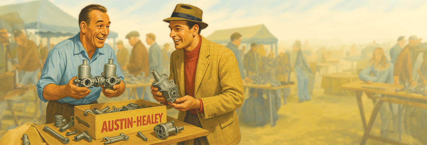Classic car enthusiasts examining Austin Healey spares at Beaulieu Autojumble