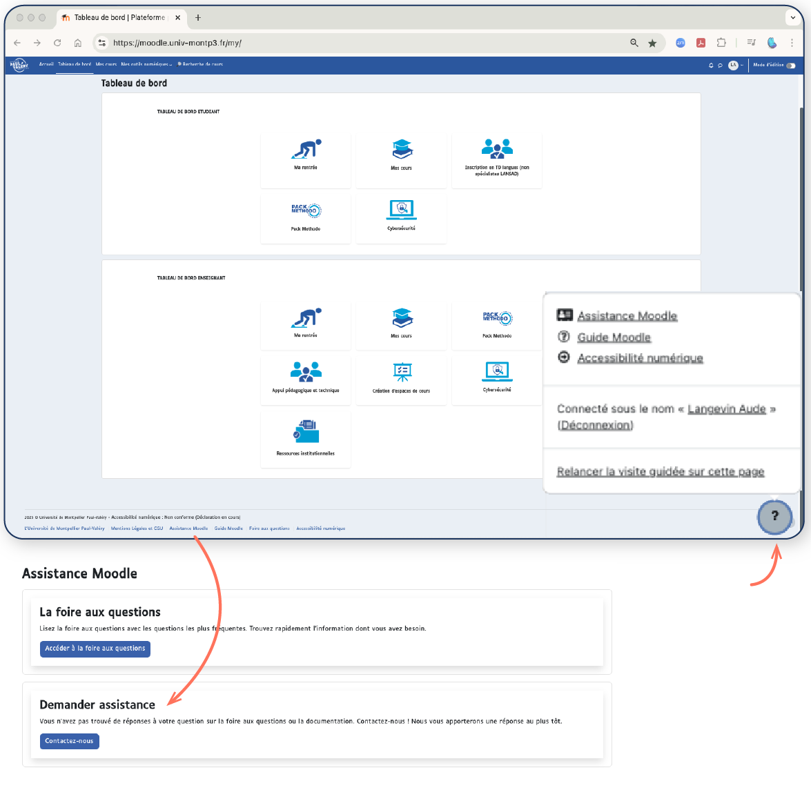 écran du tableau de bord Moodle