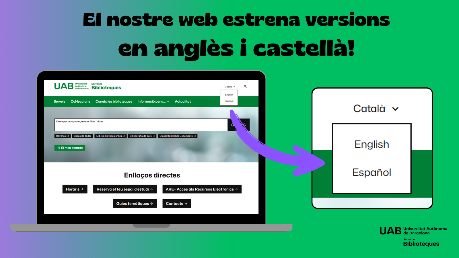 Captura de pantalla del web, amb el desplegable d'idiomes ampliat