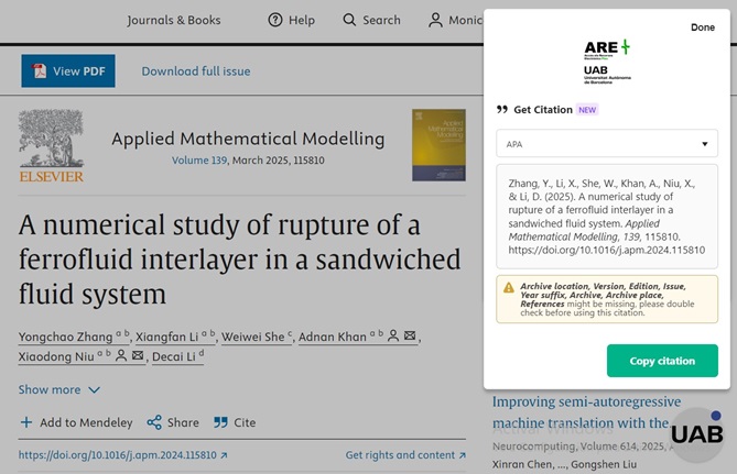 Captura de pantalla d'un article de Science Direct en el moment en què l'ARE+ captura la seva referència bibliogràfica