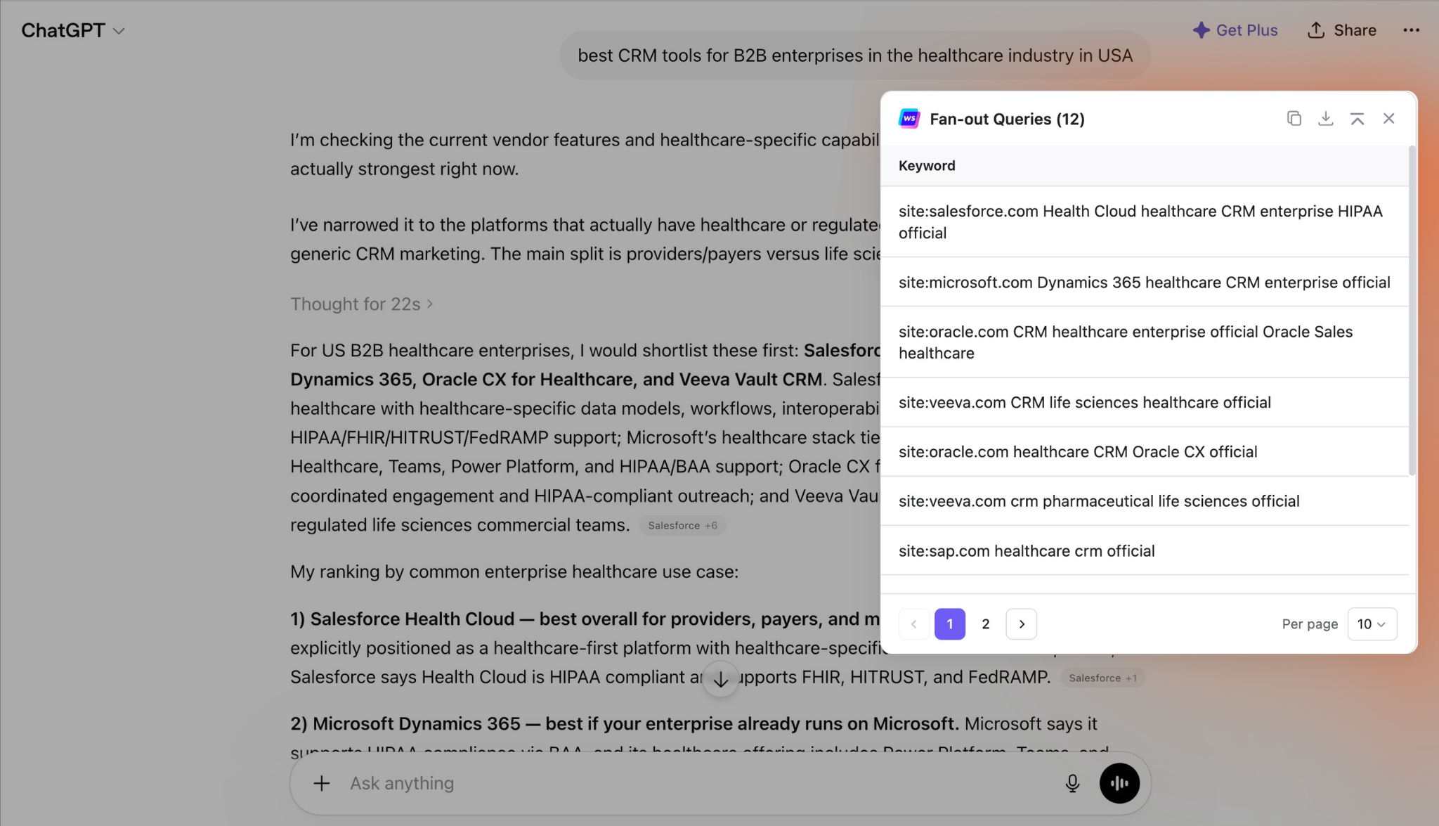 Writesonic Chrome extension showing fan-out queries fired by ChatGPT for a CRM tools search