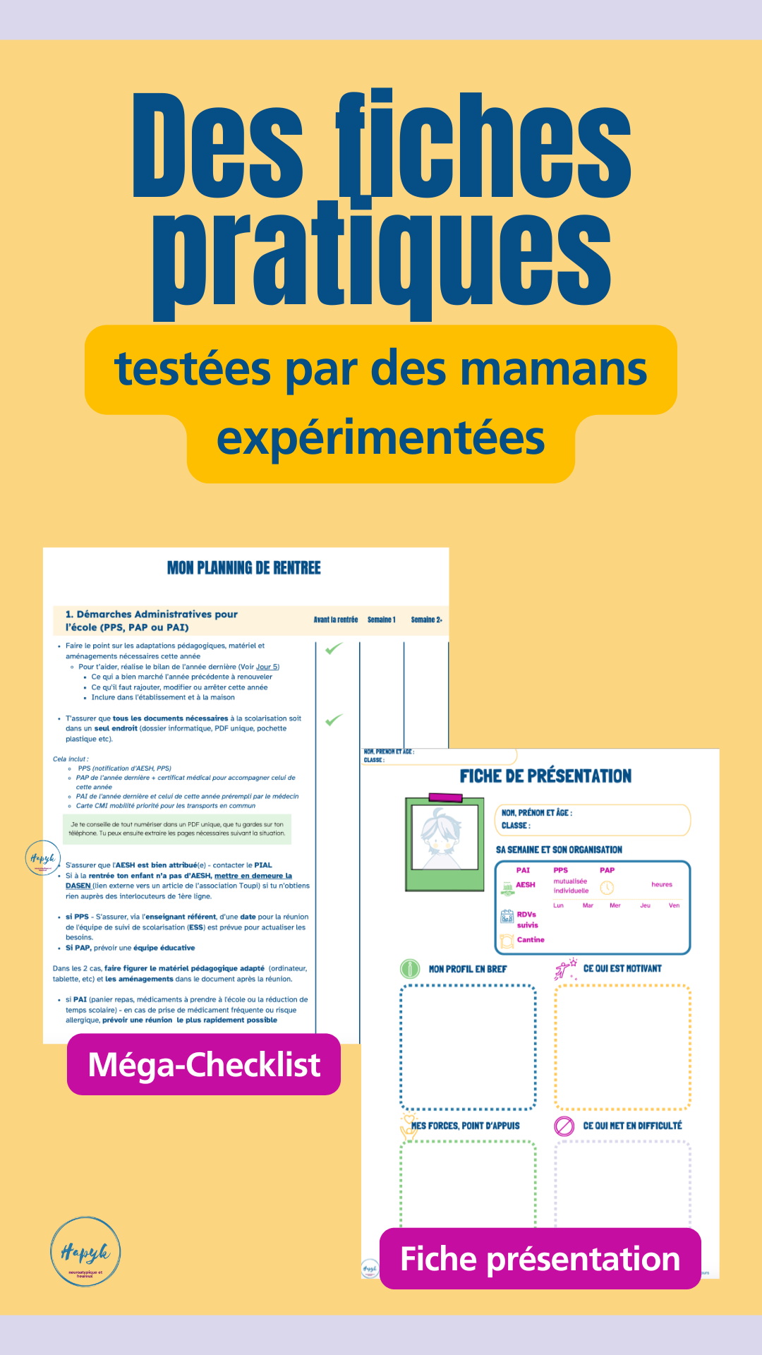 Extrait des 2 fiches pratiques 'Méga Checklist' et 'Fiche de présentation