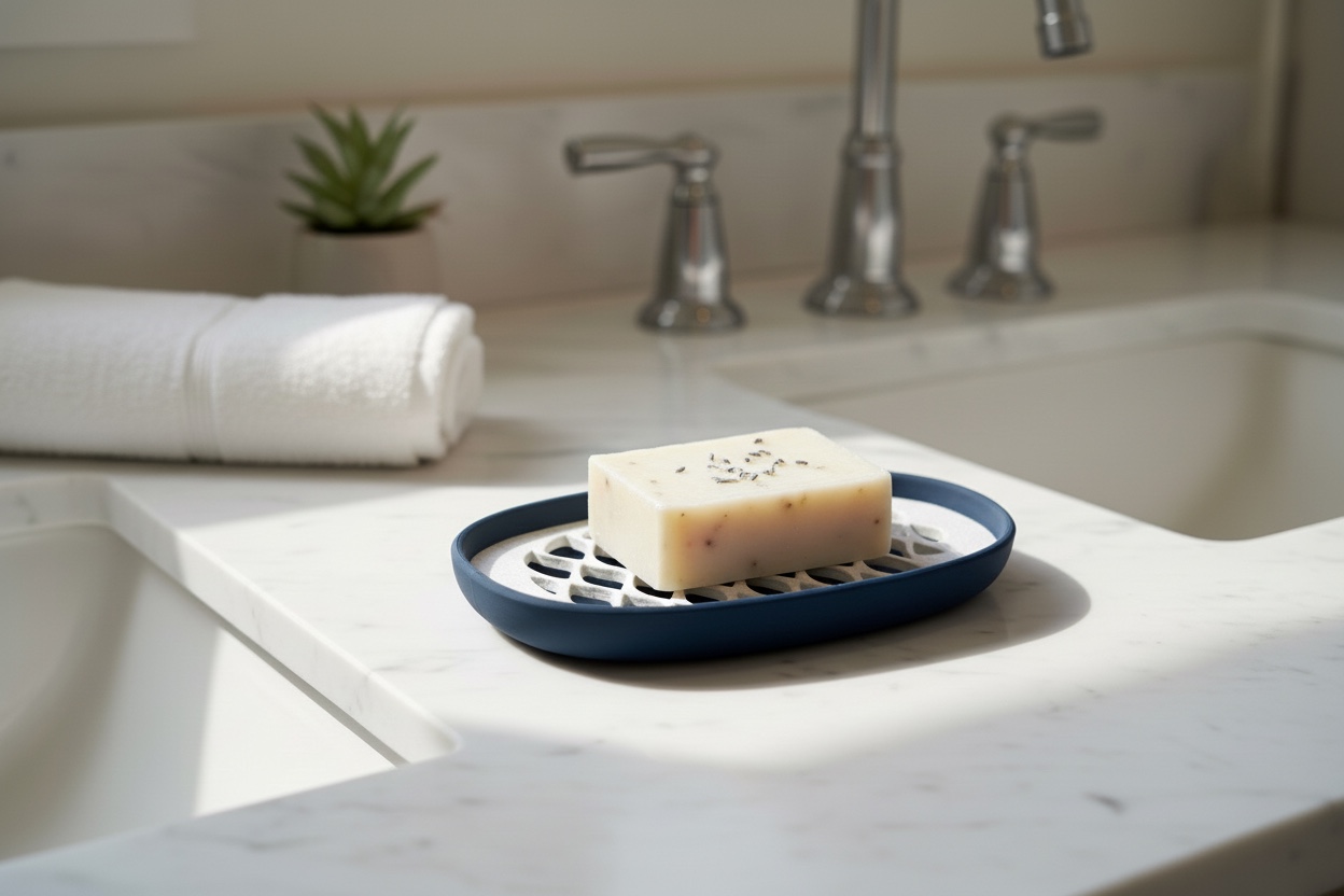 Handmade soap on a pinecone pottery dish
