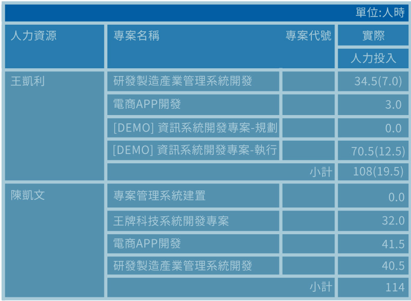 各人員於不同專案的實際工時彙整表，可清楚檢視人力投入狀況。