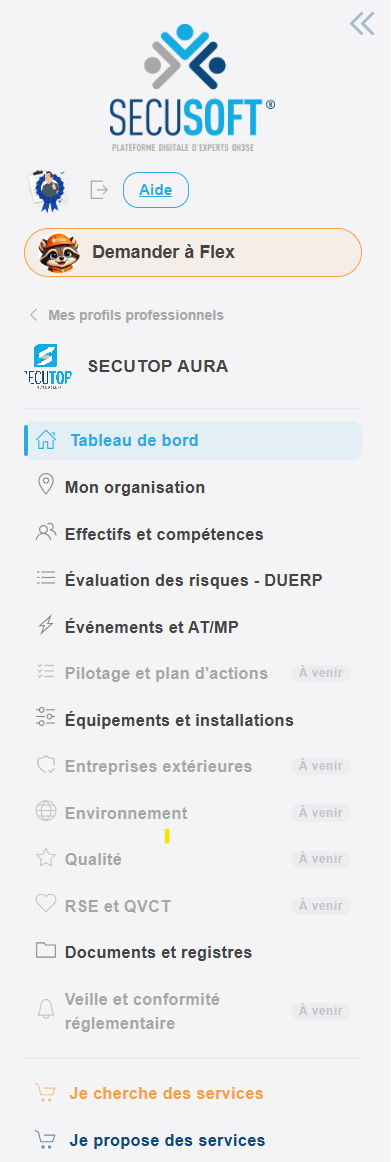 Le nouveau menu de Secusoft, organisé par domaine