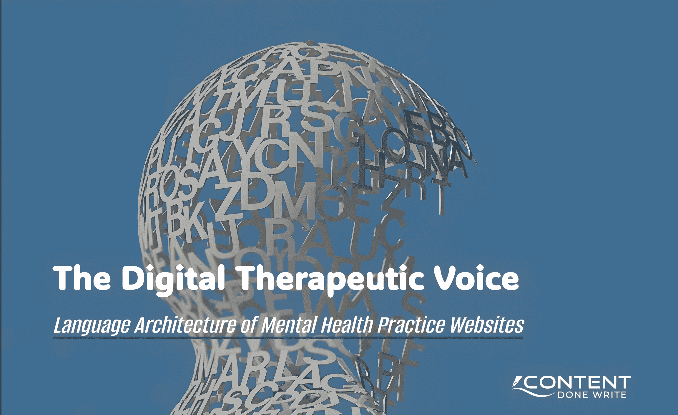 ebook cover image of "The Digital Therapeutic Voice: Language Architecture of Mental Health Practice Websites" with a 3D head made up of letters.