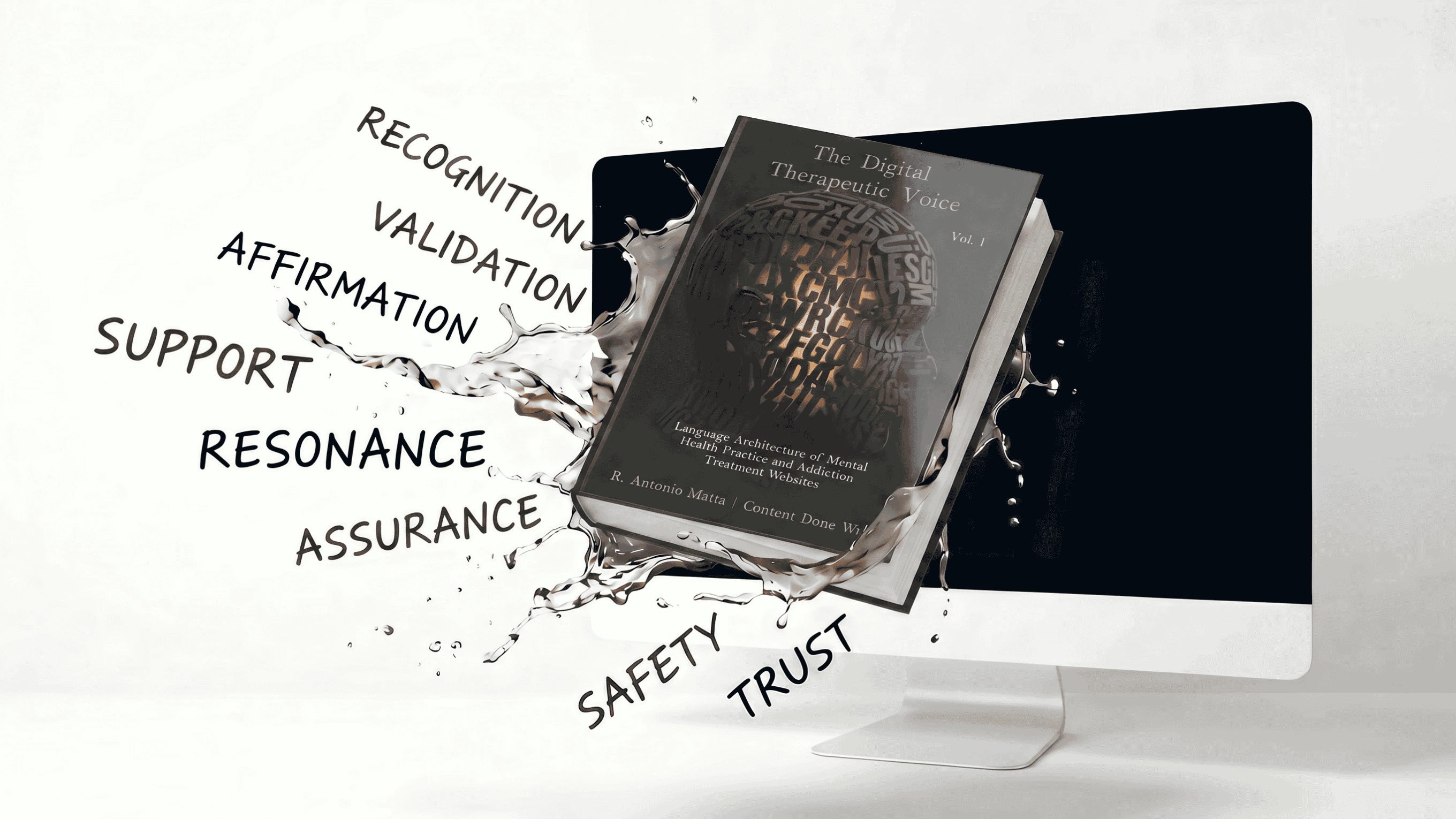 ebook cover image of "The Digital Therapeutic Voice: Language Architecture of Mental Health Practice Websites" with a 3D head made up of letters.