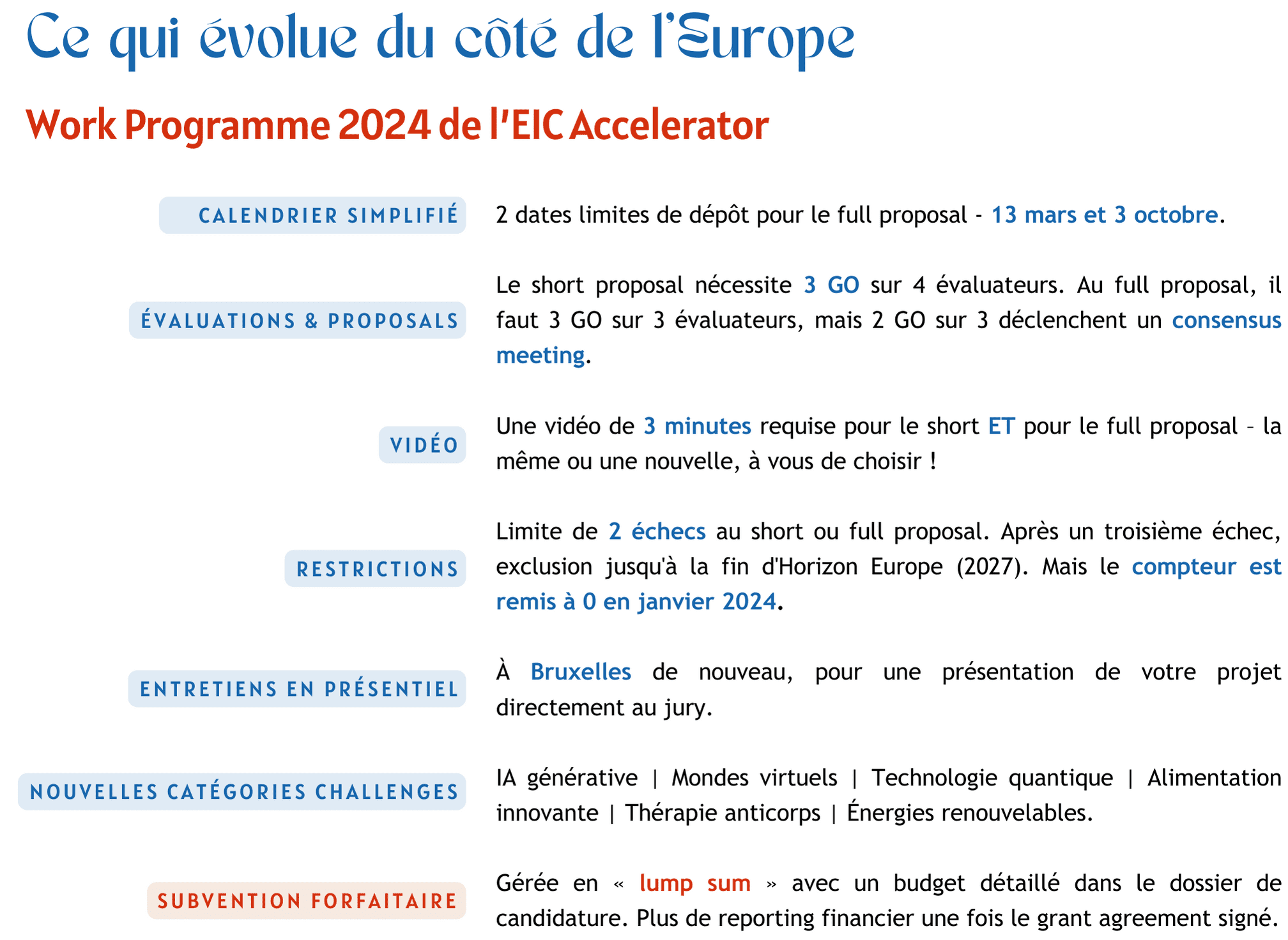 CHANGEMENTS WORK PROGRAMME EIC ACCELERATOR 2024