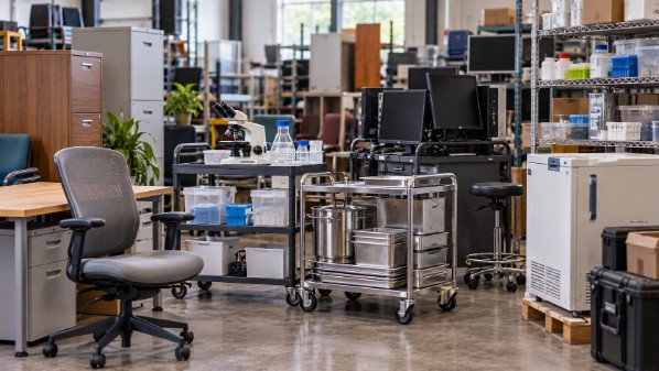 Room filled with surplus furniture, equipment and supplies
