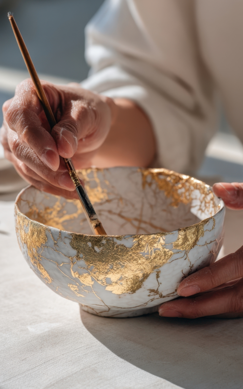 Kintsugi pottery being repaired with gold
