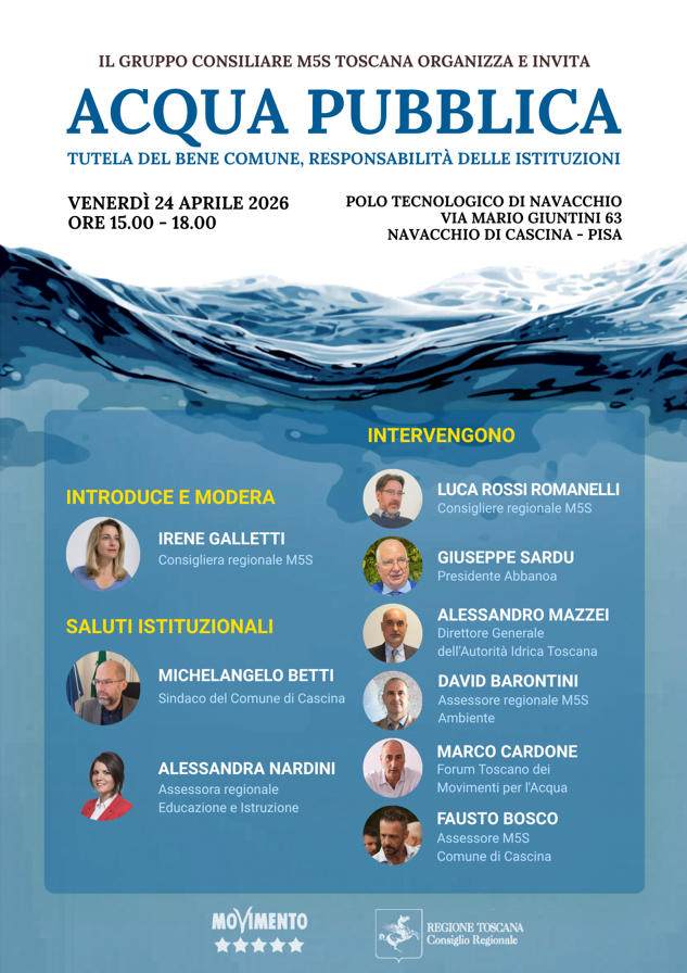 Venerdì 24 aprile 2026, dalle ore 15.00 alle ore 18.00, si terrà a Navacchio un confronto su tutela e governance del servizio idrico promosso dal gruppo consiliare regionale del Movimento 5 Stelle. Interverranno tra gli altri l’assessore regionale all’ambiente David Barontini, il presidente di Abbanoa Giuseppe Sardu e il direttore di AIT Alessandro Mazzei