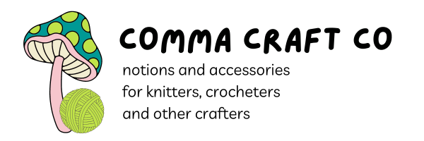 banner image of a teal and green mushroom with a yarn ball underneath it. Text says "Comma Craft Co, notions and accessories for knitters, crocheters and other crafters"