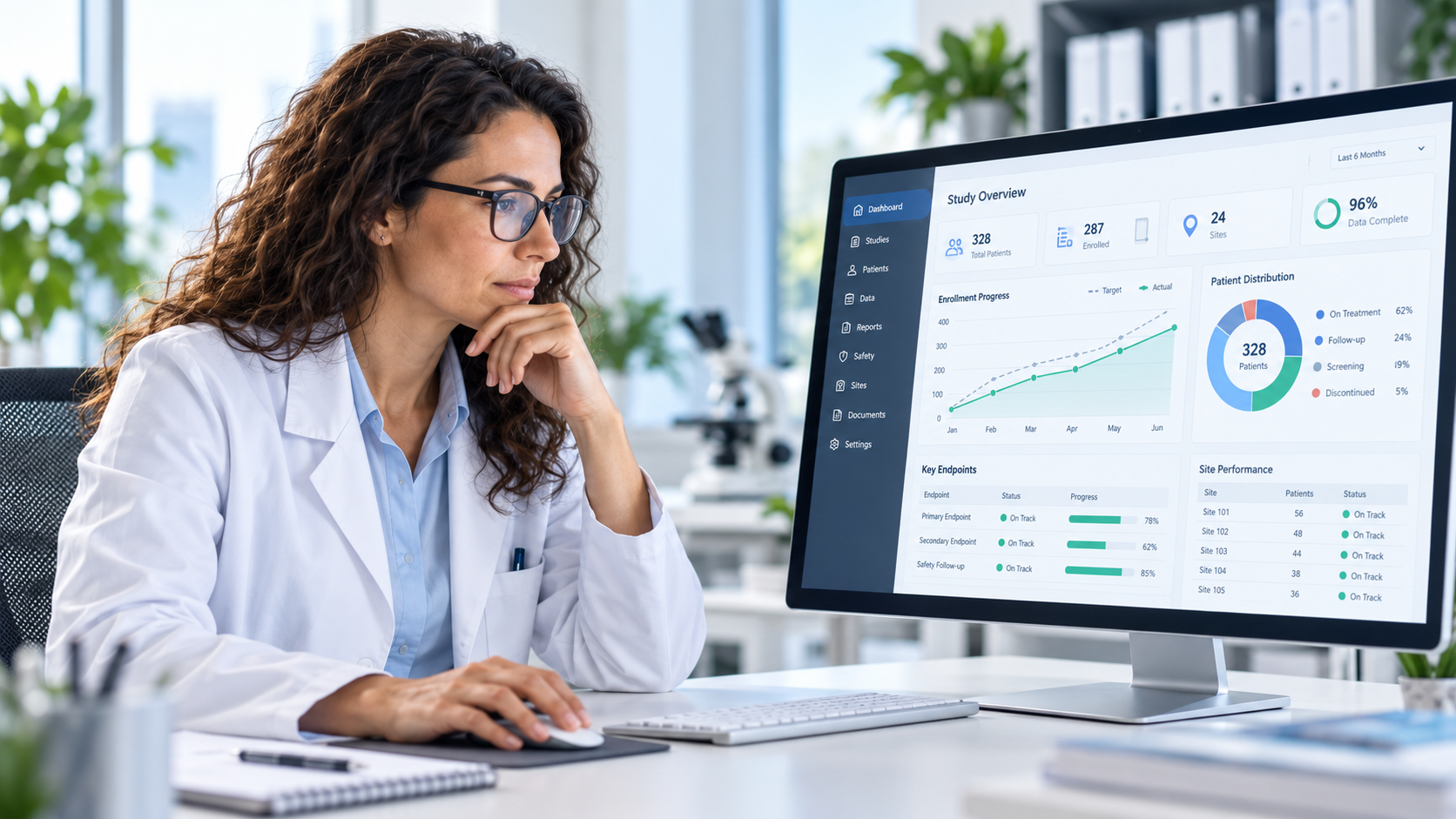 Pesquisadora analisando diretamente um dashboard de Real-World Evidence