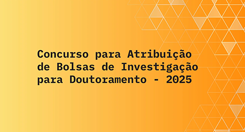 Título "Concurso para atribuição de Bolsas de Investigação para Doutoramento - 2025", sobre um fundo em tons de cor de laranja