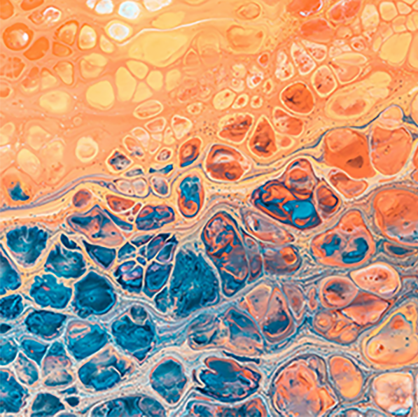 Pintura abstrata em tons de azul, laranja e amarelo