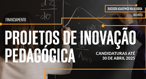 Título "Projetos de Inovação Pedagógica", sobre fotografia de docente a escrever num quadro