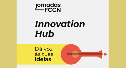 Título "Jornadas FCCN Innovation Hub" e representação de guitarra portuguesa