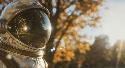 Astronauta, banhado pela luz solar, numa floresta