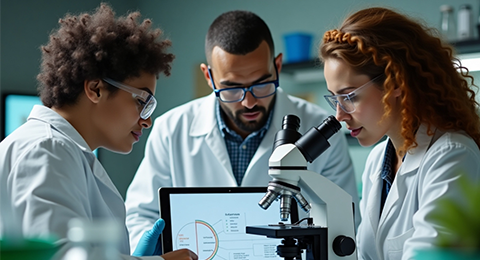 Três investigadores num laboratório