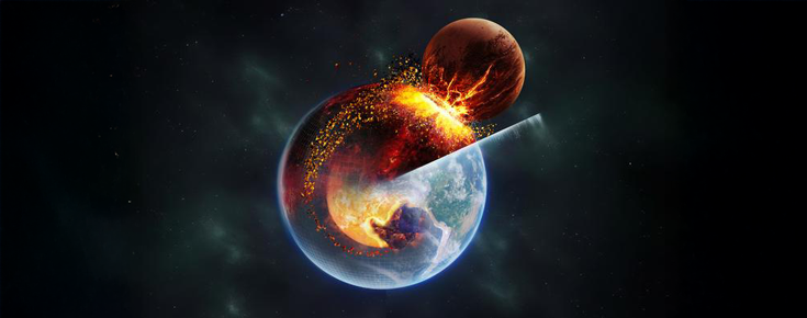 Representação da Lua a colidir com o Planeta Terra