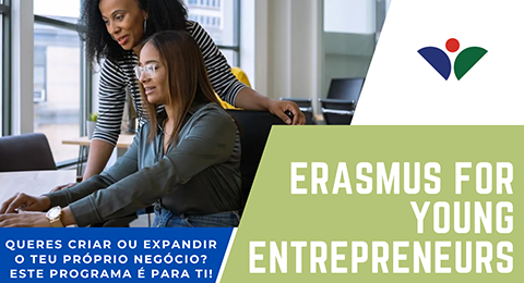 Título "Erasmus for Young Entrepreneurs" e fotografia de duas jovens empreendedoras