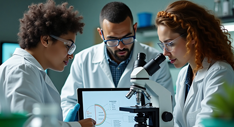 Três jovens investigadores, em contexto laboratorial