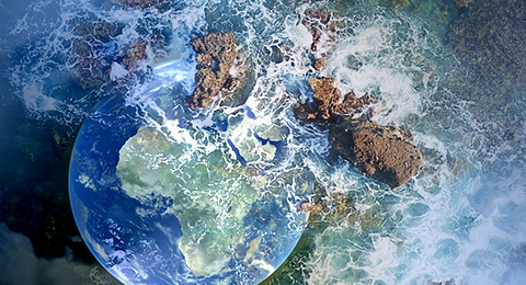 Composição de imagens do planeta terra e da orla costeira