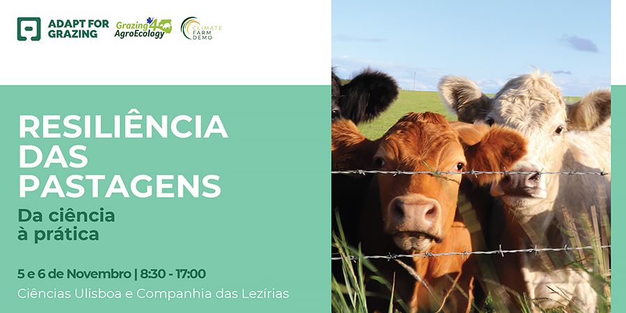 Título "Resiliência das Pastagens" e logótipo do projeto Adapt For Grazing