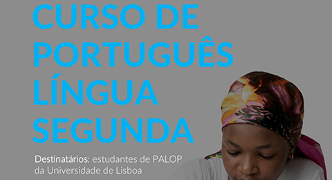 Título "CURSO DE PORTUGUÊS LÍNGUA SEGUNDA" e fotografia de estudante
