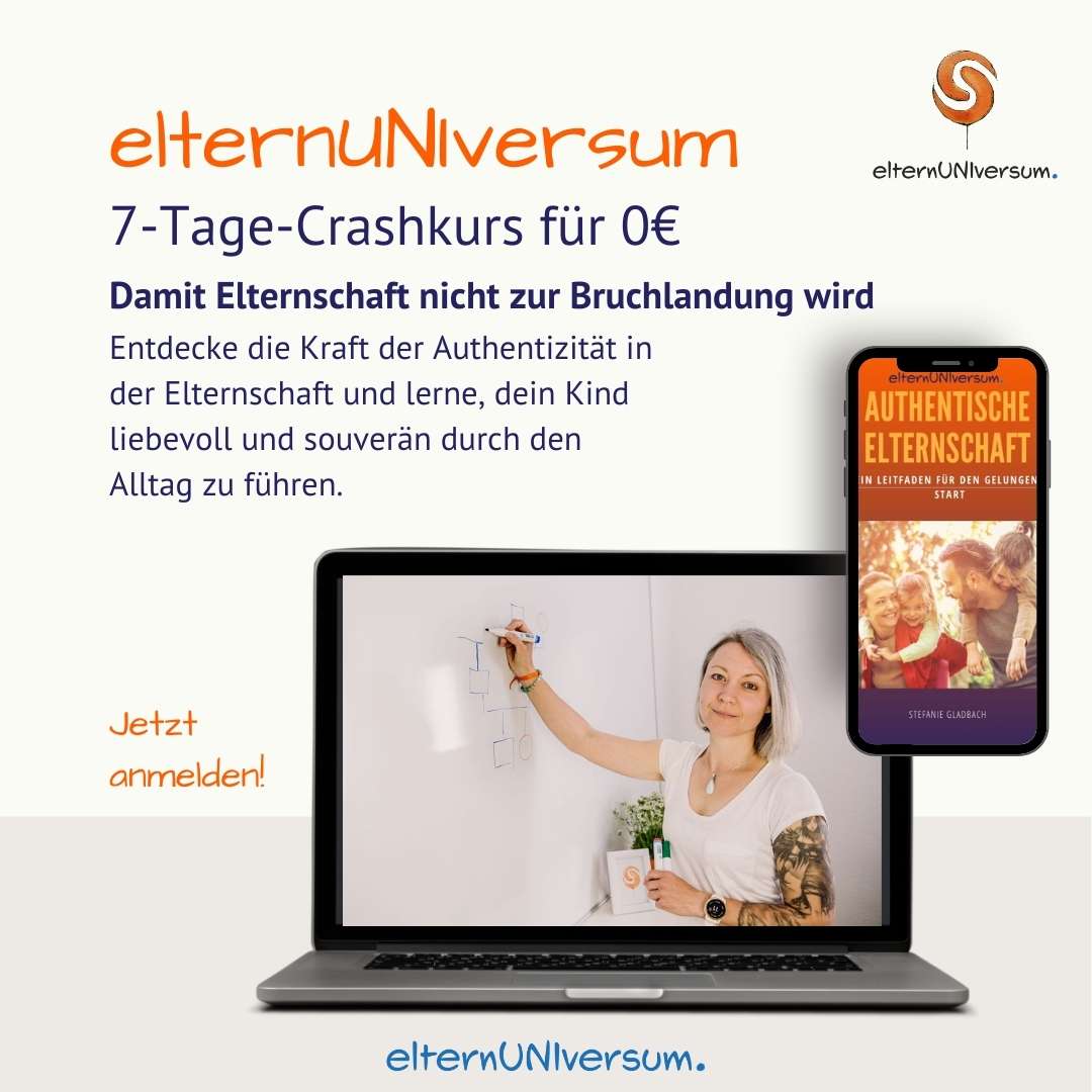 auf dem Bild ist die Beschreibung zum Crashkurs des ElternUNIversums zu lesen. 7 Tage Crashkurs für 0€. Damit Elternschaft nicht zur Bruchlandung wird. Du siehst einen Monitor mit einem Foto von Stefanie, die vor einem Whiteboard steht.