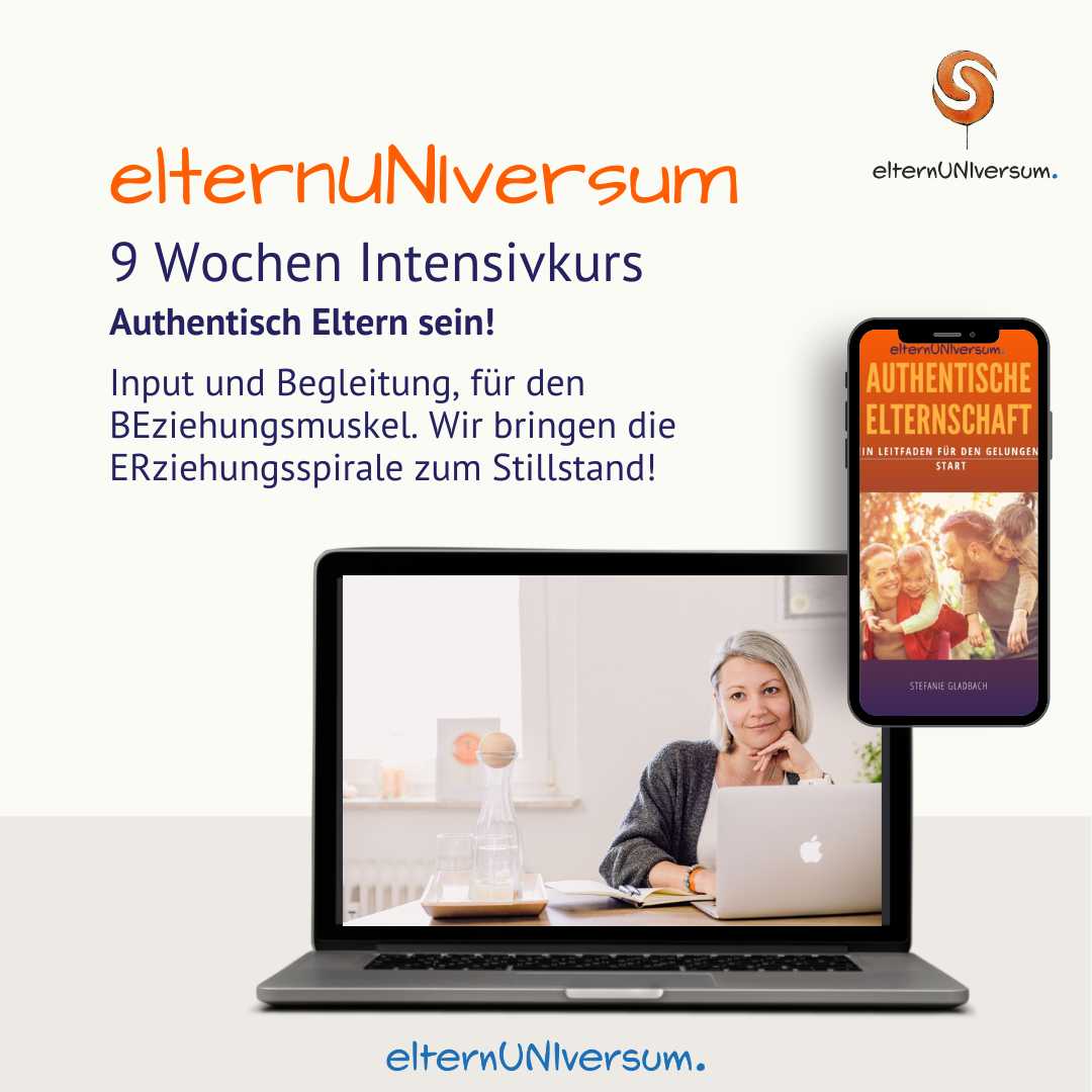 auf dem Bild ist die Beschreibung zum Crashkurs des ElternUNIversums zu lesen. 7 Tage Crashkurs für 0€. Damit Elternschaft nicht zur Bruchlandung wird. Du siehst einen Monitor mit einem Foto von Stefanie, die vor einem Whiteboard steht.