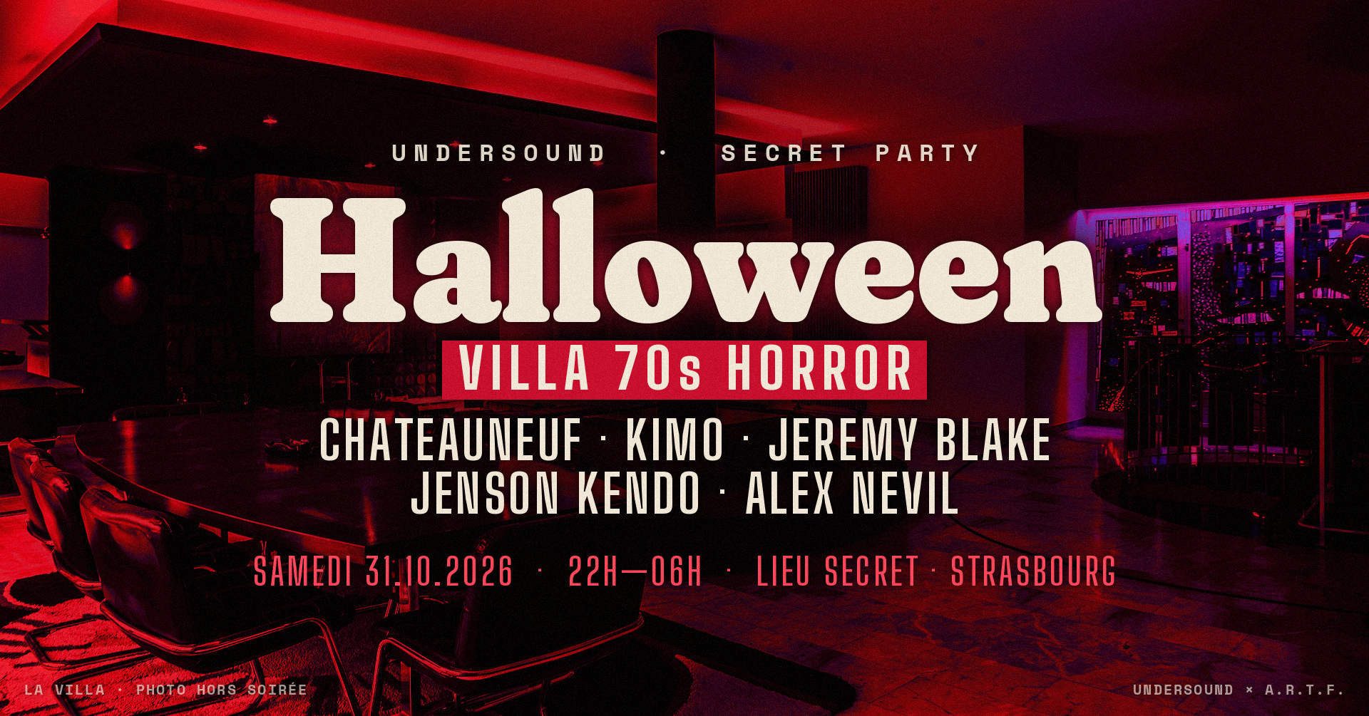 Visuel illustratif de la soirée UNDERSOUND Halloween 2026, avec les cinq artistes et les horaires