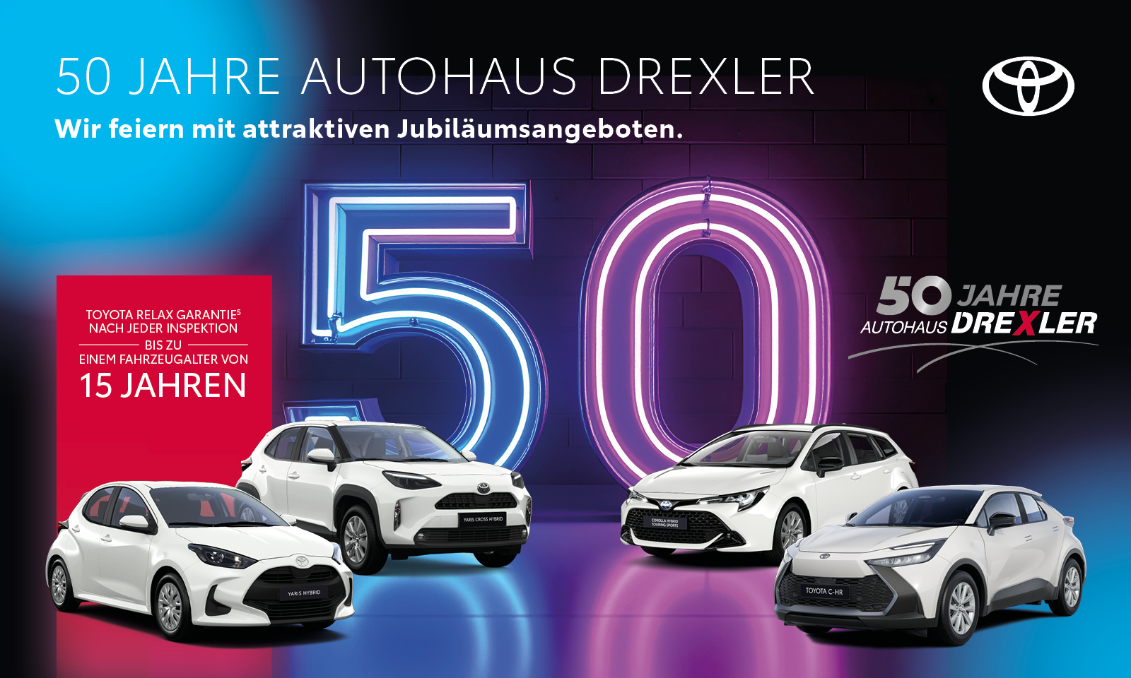 Header zum Jubiläum, Abbildung von Toyota Fahrzeugen