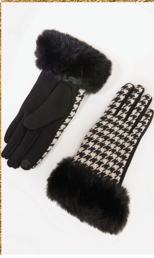 Faux Fur Cuffed Houndstooth Gloves