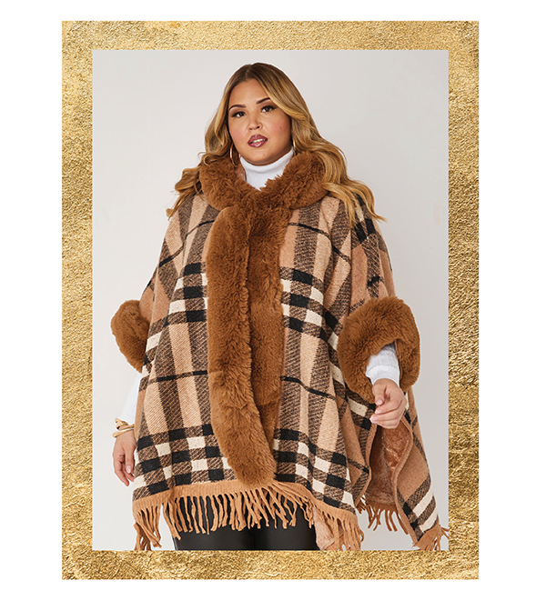 Faux Fur Trimmed Hooded Poncho