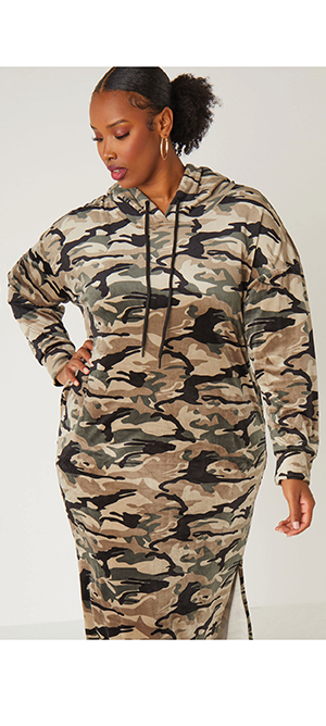 Hooded Camo Velour Maxi Dress