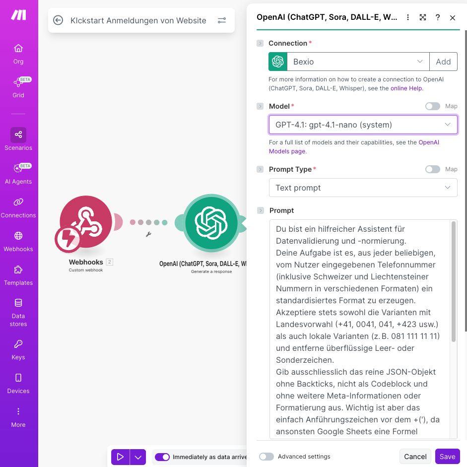 JSON Parse und Google Sheets Module