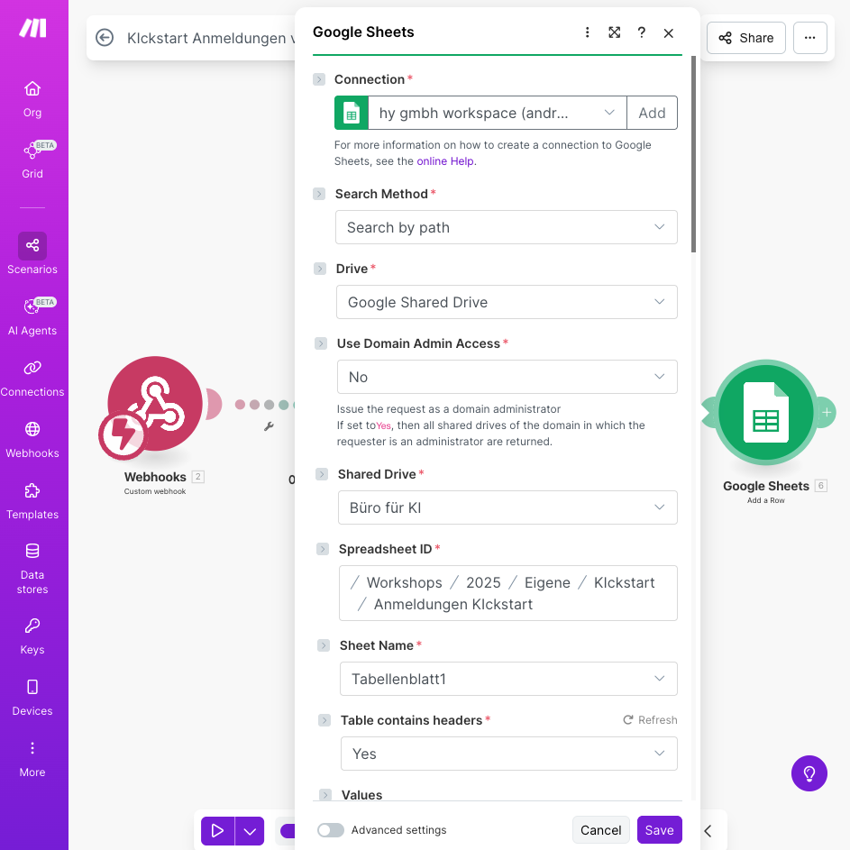 Google Sheets Konfiguration
