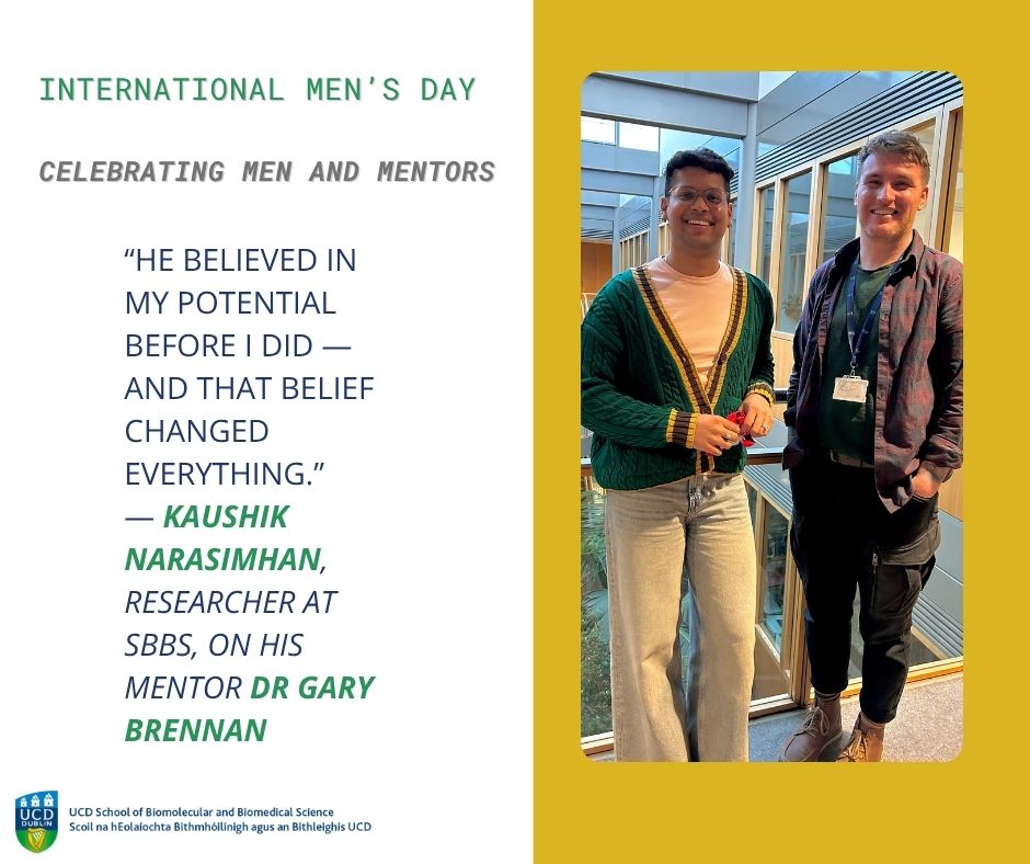 Researcher Kaushik Narasimhan and his mentor Dr Gary Brennan standing together in the O’Brien Centre for Science at SBBS UCD.