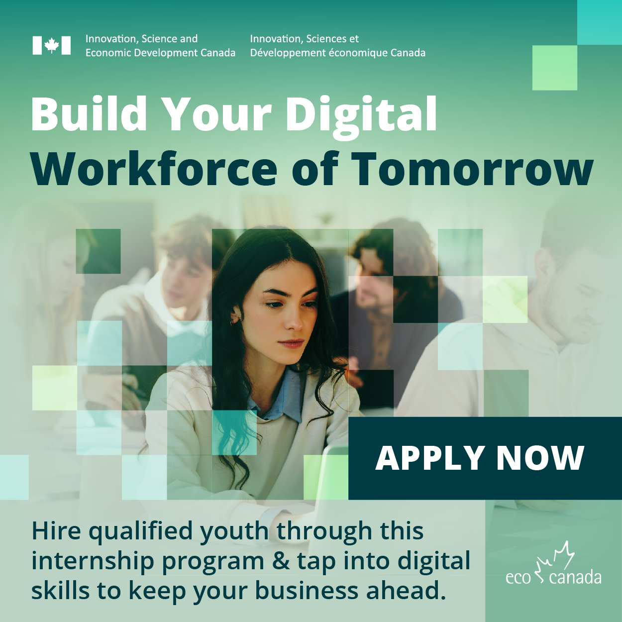 Promotional banner reading “Build Your Digital Workforce of Tomorrow,” featuring young professionals working on laptops, promoting an internship program to hire qualified youth and strengthen digital skills, with an “Apply Now” button and ECO Canada branding.