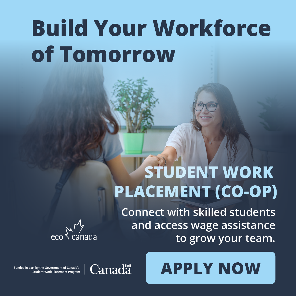 Promotional graphic reading “Start Your Environmental Career” advertising a Student Work Placement (Co-op) program, featuring students collaborating around a table, with text about paid work placements that build skills and experience, a “Learn More” button, and ECO Canada branding.