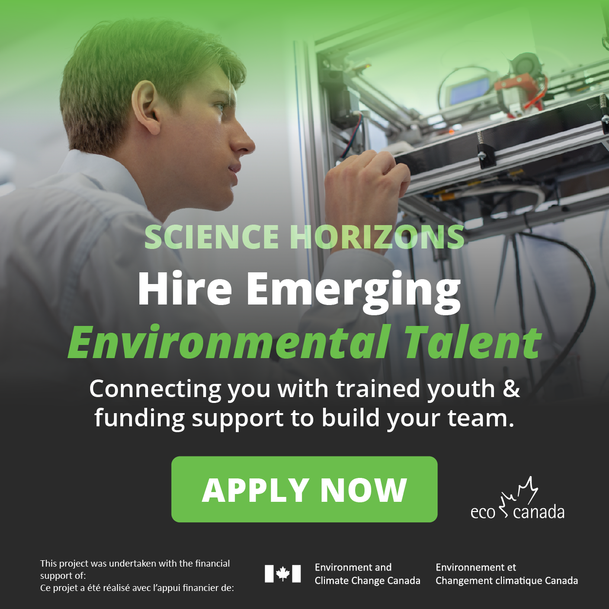Science Horizons promotional banner showing a young professional working with technical equipment, with the headline “Hire Emerging Environmental Talent,” supporting text about connecting employers with trained youth and funding support, a green “Apply Now” button, and ECO Canada branding.