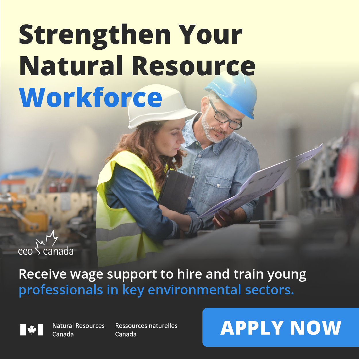 Banner showing two workers reviewing plans with text promoting wage support to hire and train young environmental professionals, with “Apply Now” call to action.